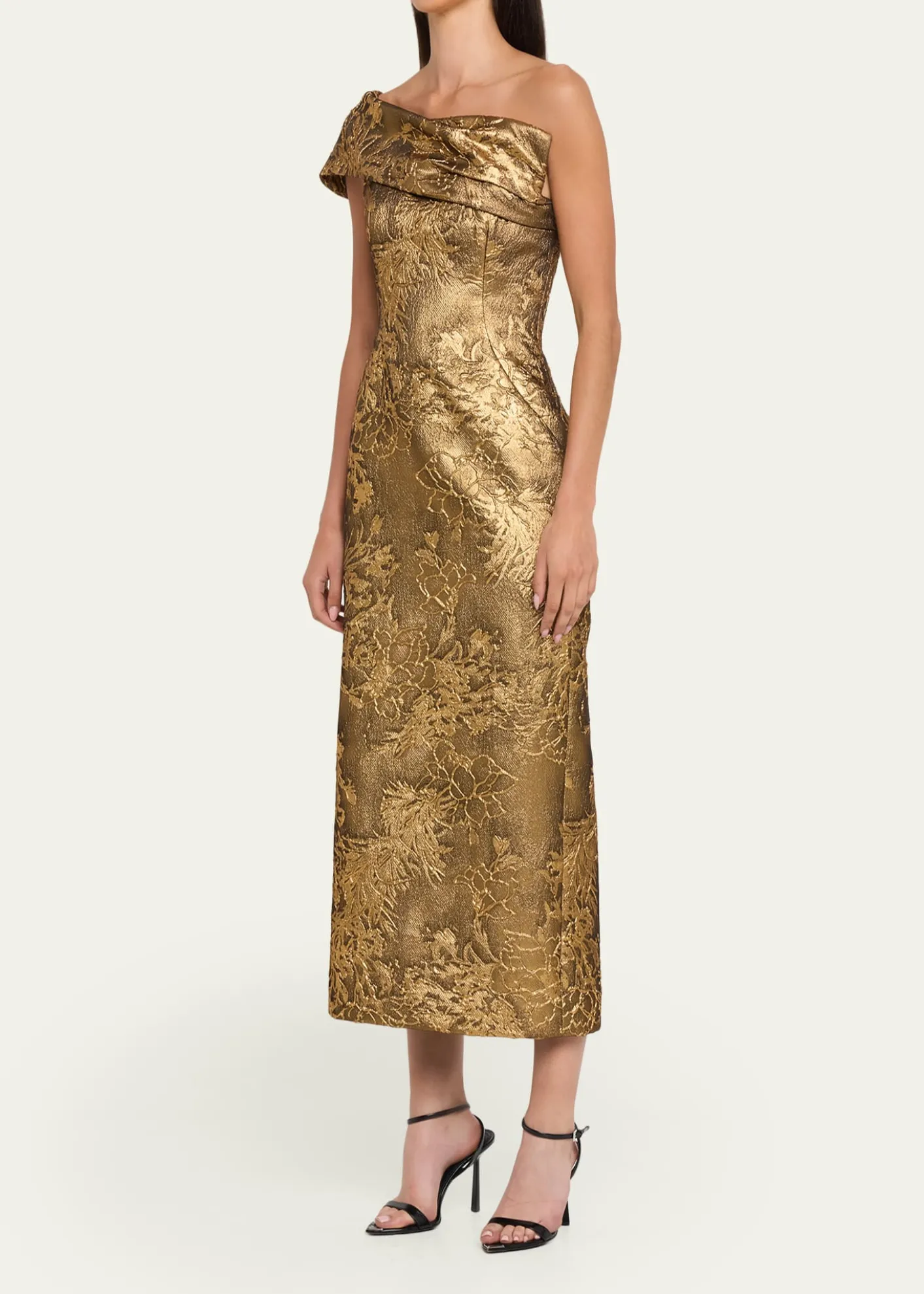 Pamella RolandOne-Shoulder Metallic Jacquard Midi Cocktail Dress