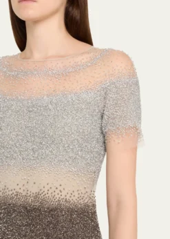 Pamella RolandShort-Sleeve Ombre Sequined Column Gown