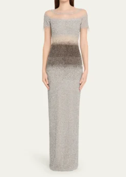 Pamella RolandShort-Sleeve Ombre Sequined Column Gown