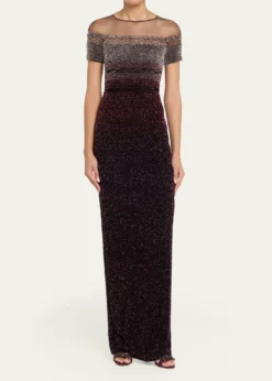 Pamella RolandShort-Sleeve Signature Sequined Column Gown