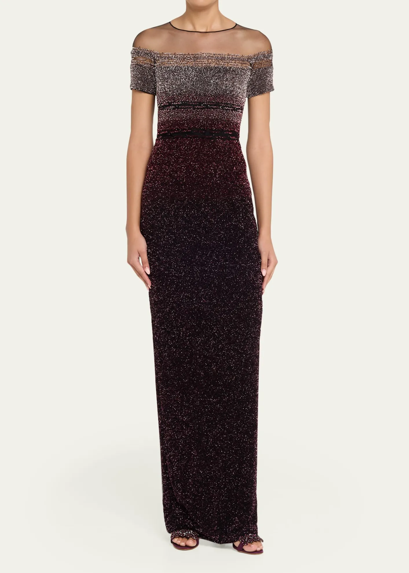 Pamella RolandShort-Sleeve Signature Sequined Column Gown