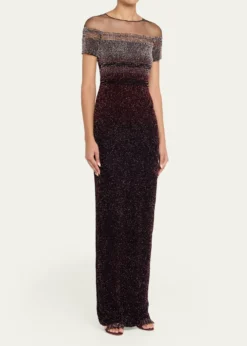 Pamella RolandShort-Sleeve Signature Sequined Column Gown