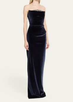 Pamella RolandStrapless Crystal Embellished Velvet Column Gown