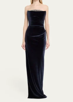 Pamella RolandStrapless Crystal Embellished Velvet Column Gown