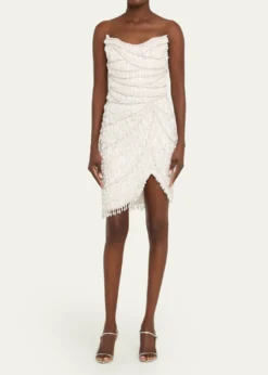 Pamella RolandStrapless Fringe Embroidered Tulle Mini Cocktail Dress