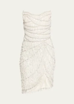 Pamella RolandStrapless Fringe Embroidered Tulle Mini Cocktail Dress