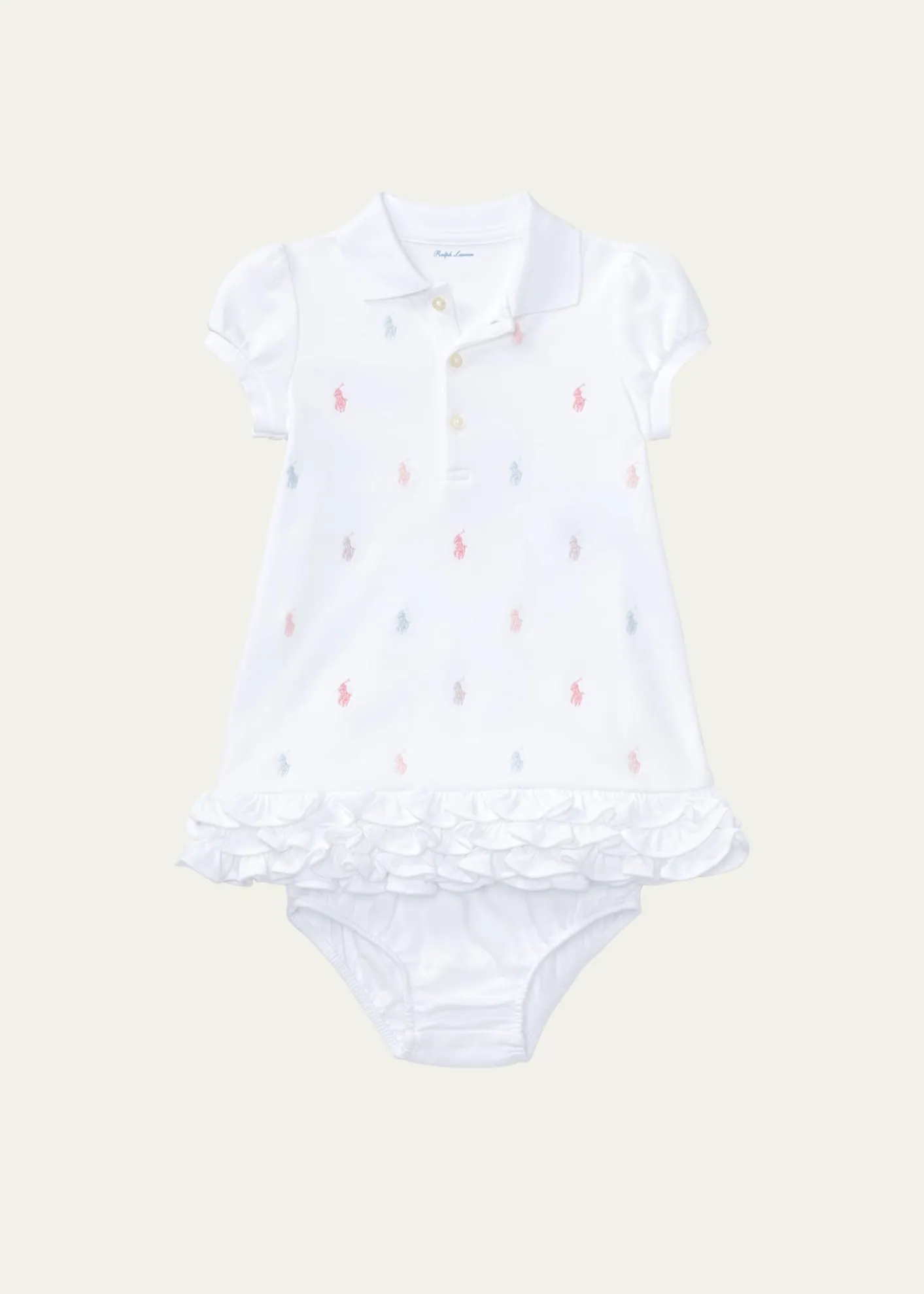 Polo Ralph LaurenLogo Embroidery Ruffle Hem Polo Dress With Bloomers, Size 6M-24M