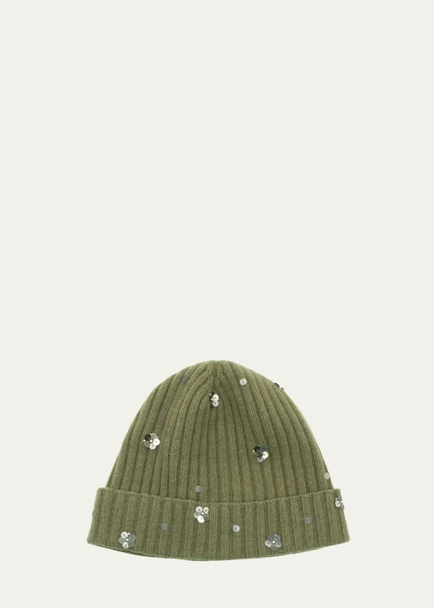 PortolanoSequin Floral Ribbed Cashmere Beanie