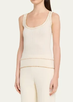 Prabal GurungBlanket-Stitch Silk-Cashmere Rib Scoop-Neck Tank Top