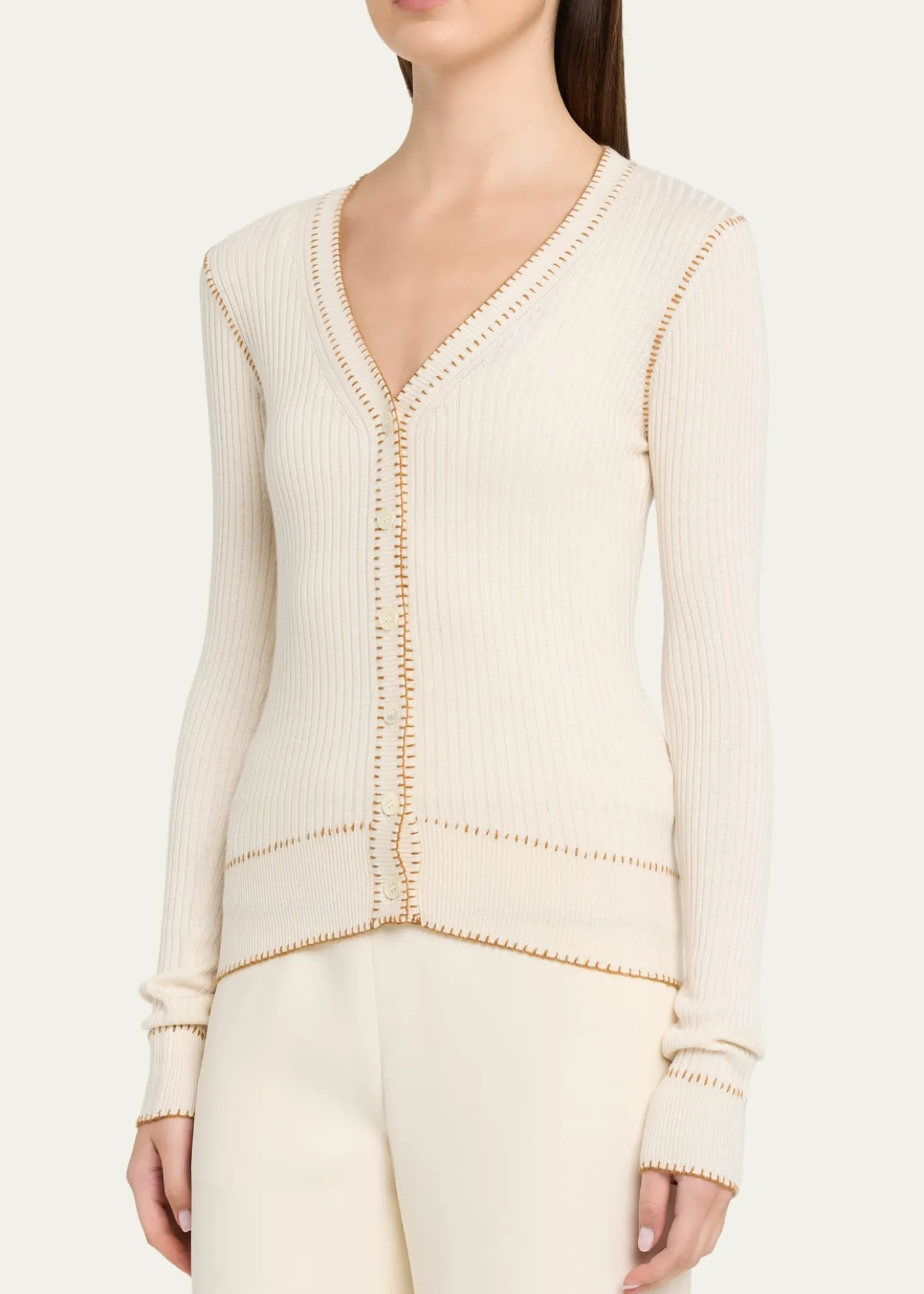 Prabal GurungBlanket Stitched Silk-Cashmere Rib V-Neck Cardigan