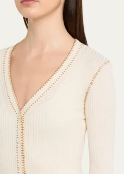 Prabal GurungBlanket Stitched Silk-Cashmere Rib V-Neck Cardigan