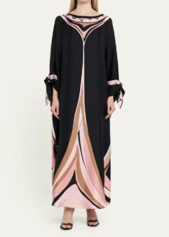 PucciFari-Print Silk Twill Tie-Cuff Caftan Dress