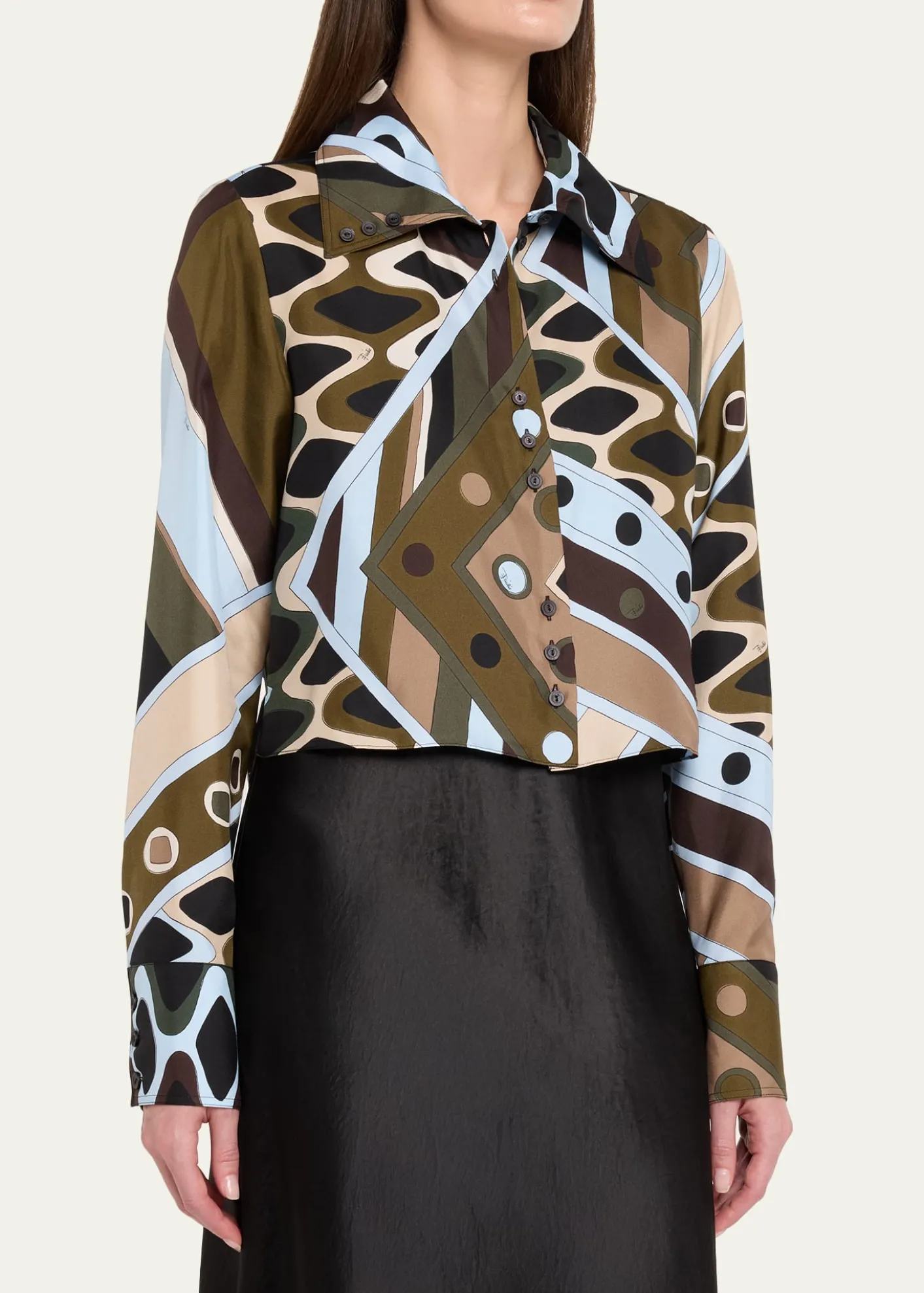 PucciVivara Silk Twill Crop Button-Down Shirt