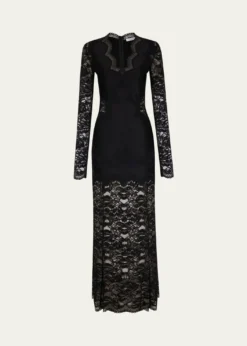 RabanneLong-Sleeve Stretch Lace Jersey Maxi Dress