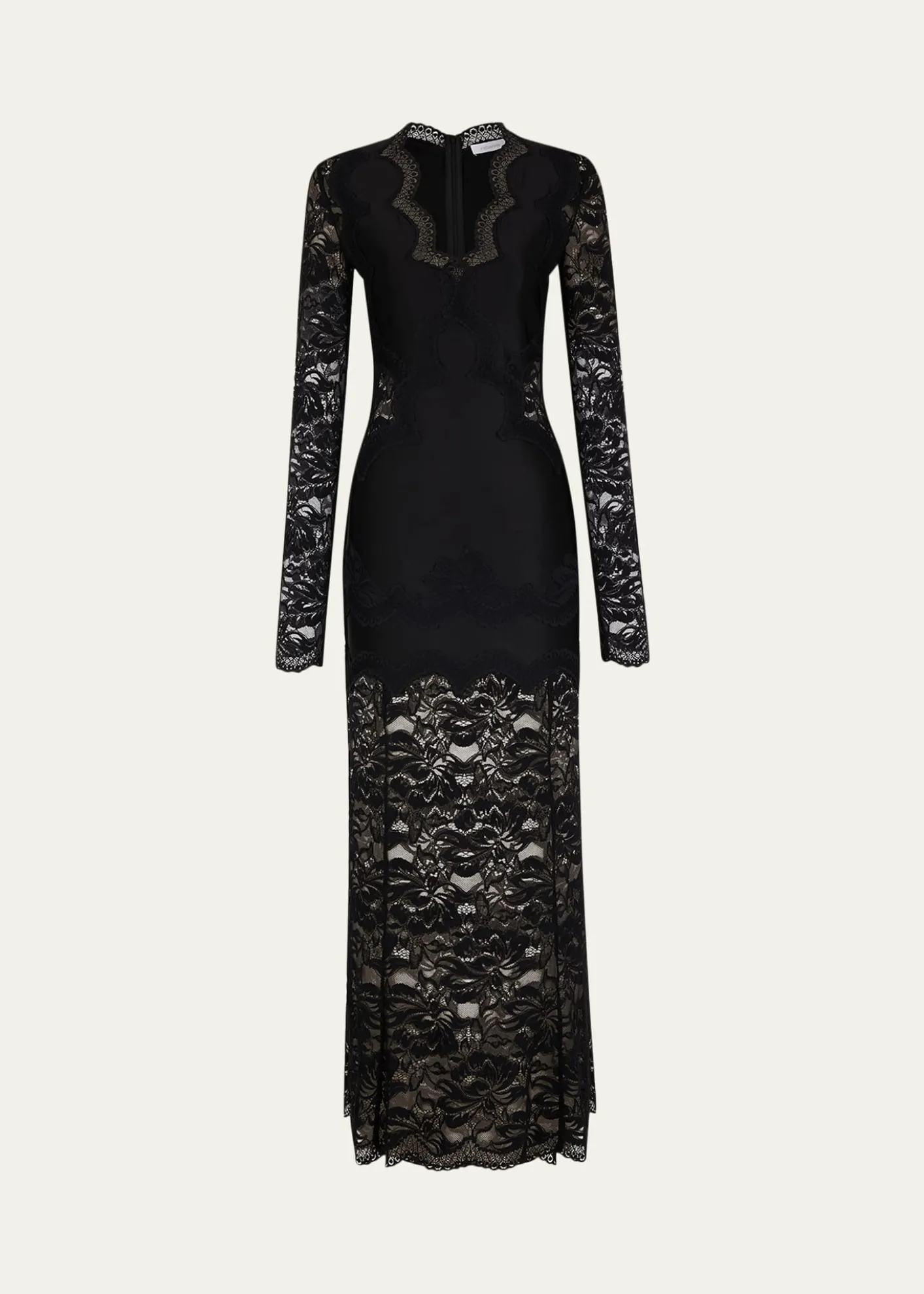 RabanneLong-Sleeve Stretch Lace Jersey Maxi Dress
