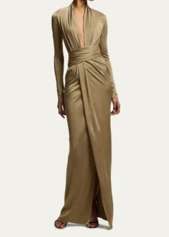 Ralph Lauren CollectionAshten Metallic Jersey Long-Sleeve Gown