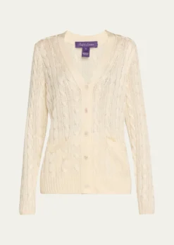 Ralph Lauren CollectionHigh Shine Cable-Knit Cashmere Cardigan Sweater, Cream