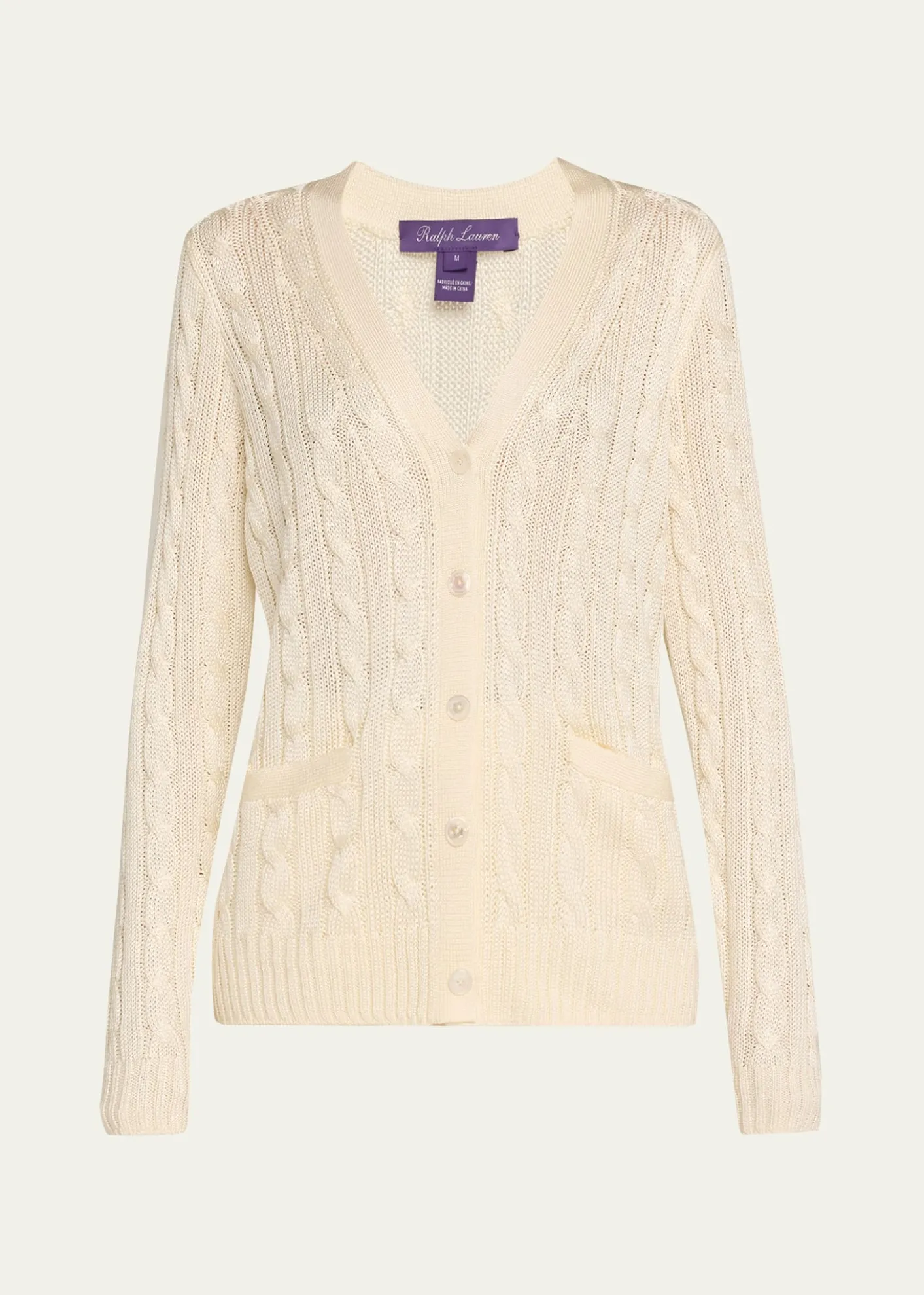 Ralph Lauren CollectionHigh Shine Cable-Knit Cashmere Cardigan Sweater, Cream