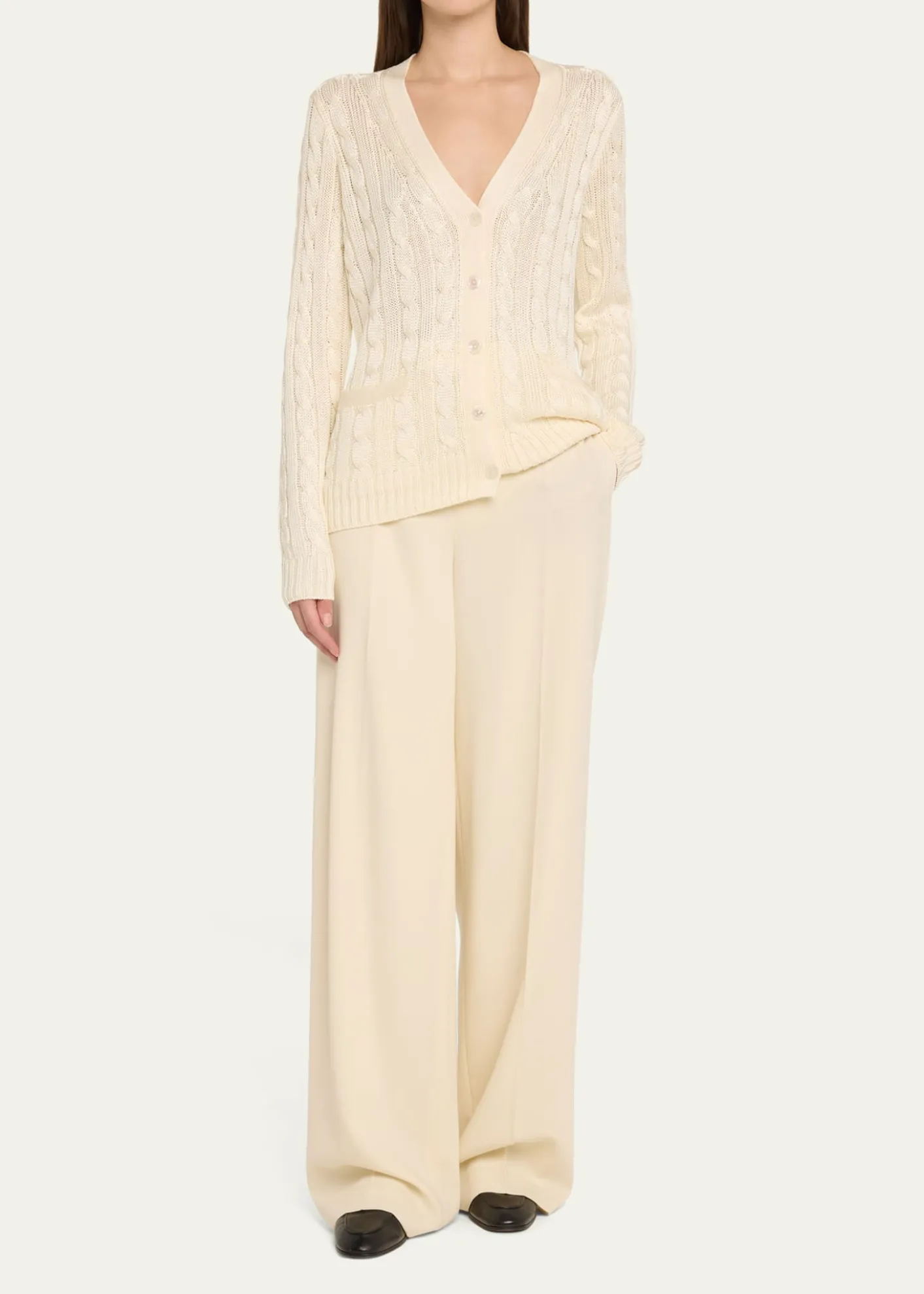 Ralph Lauren CollectionHigh Shine Cable-Knit Cashmere Cardigan Sweater, Cream