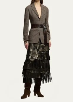 Ralph Lauren CollectionMetallic Leather Tiered Fringe Midi Skirt