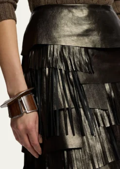 Ralph Lauren CollectionMetallic Leather Tiered Fringe Midi Skirt