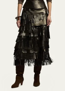 Ralph Lauren CollectionMetallic Leather Tiered Fringe Midi Skirt