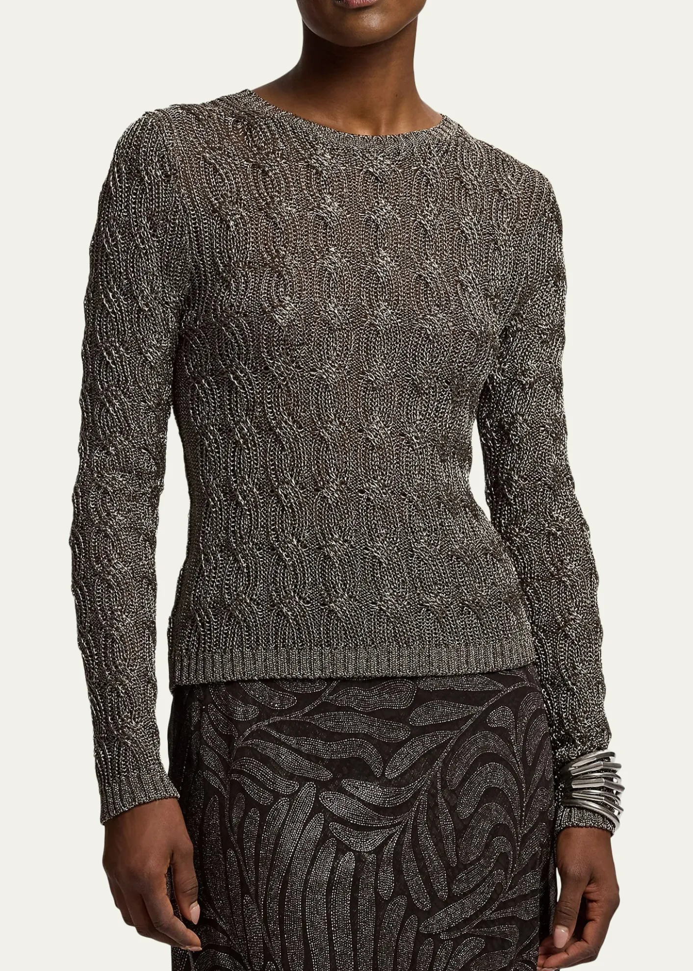 Ralph Lauren CollectionMetallic Cable-Knit Crewneck Sweater