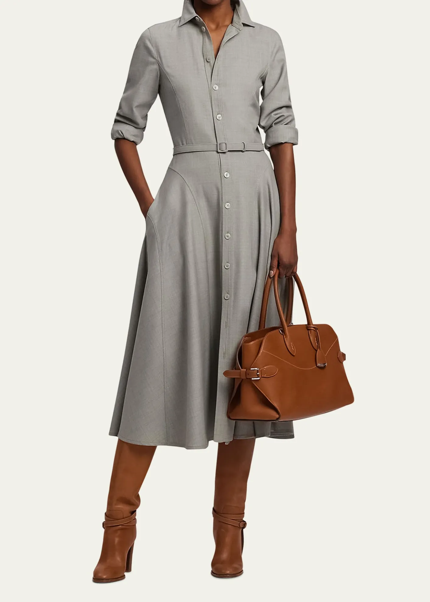 Ralph Lauren CollectionSafford Long-Sleeve Belted Midi Shirtdress