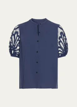Ramy BrookGia Open-Knit Short-Sleeve Blouse