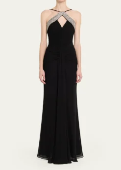 REBECCA VALLANCEAstros Draped Crystal-Trim Halter Gown