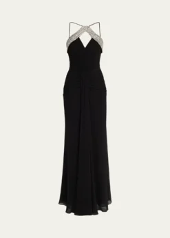 REBECCA VALLANCEAstros Draped Crystal-Trim Halter Gown