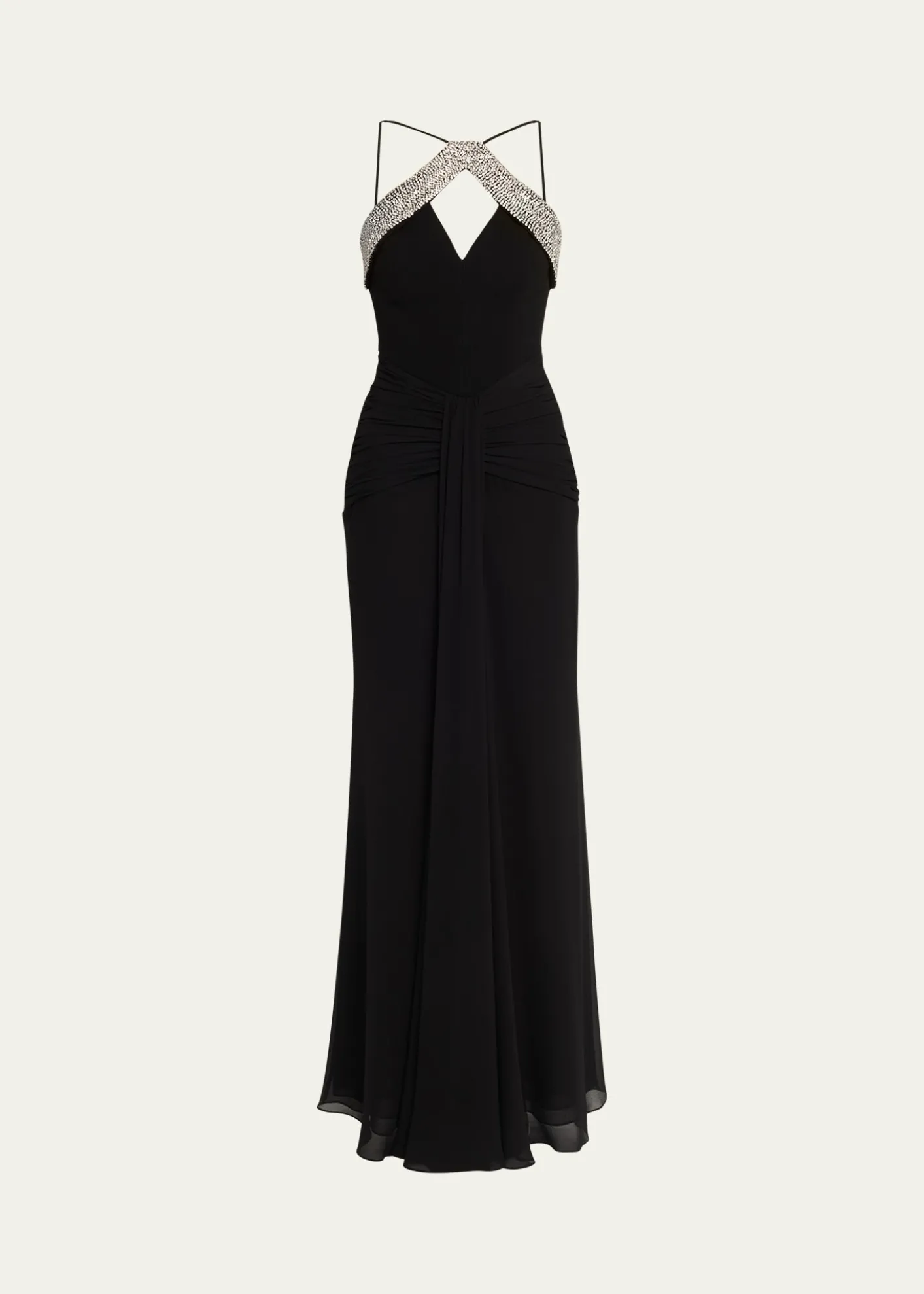 REBECCA VALLANCEAstros Draped Crystal-Trim Halter Gown