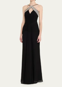 REBECCA VALLANCEAstros Draped Crystal-Trim Halter Gown