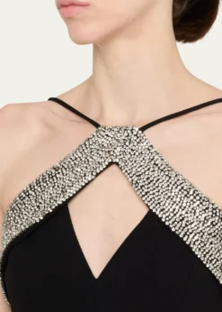 REBECCA VALLANCEAstros Draped Crystal-Trim Halter Gown