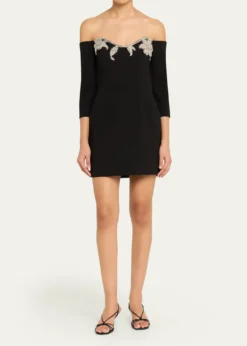 REBECCA VALLANCEEllerie Floral Diamante Off-Shoulder Mini Dress