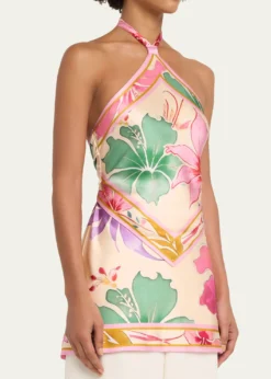 RetrofeteAdelaide Floral Silk Knotted Halter Overlay Mini Dress