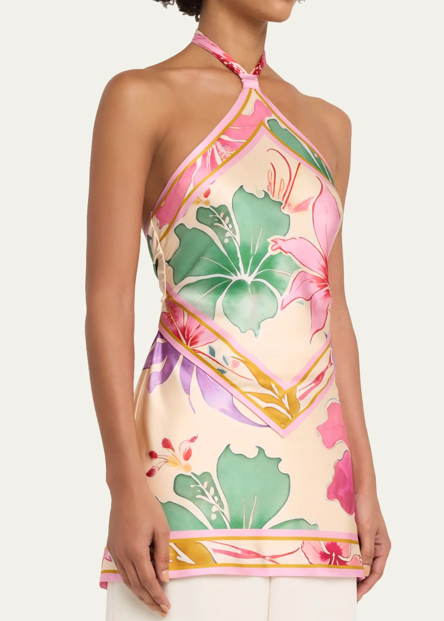 RetrofeteAdelaide Floral Silk Knotted Halter Overlay Mini Dress