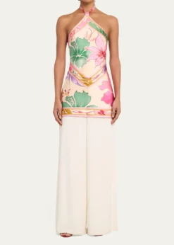RetrofeteAdelaide Floral Silk Knotted Halter Overlay Mini Dress