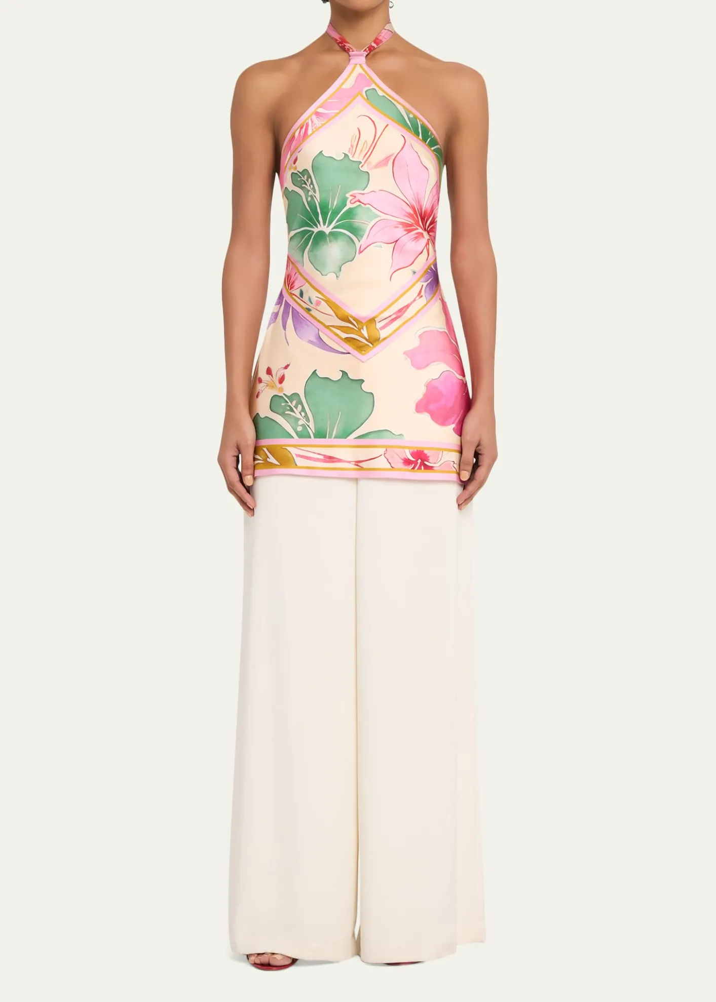 RetrofeteAdelaide Floral Silk Knotted Halter Overlay Mini Dress
