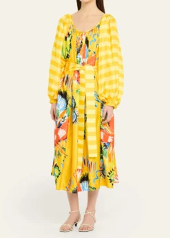 Rianna + NinaTropical Striped Silk Balloon Sleeve Midi Dress