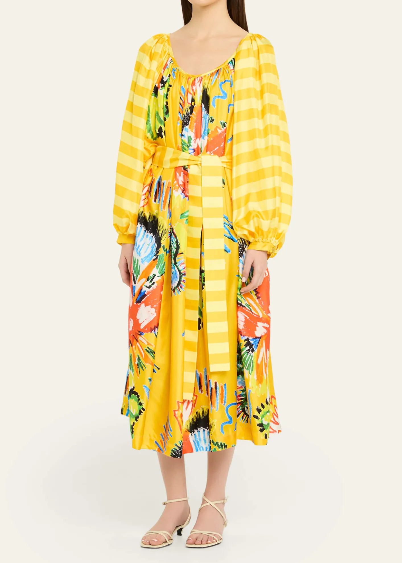 Rianna + NinaTropical Striped Silk Balloon Sleeve Midi Dress
