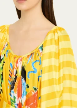 Rianna + NinaTropical Striped Silk Balloon Sleeve Midi Dress
