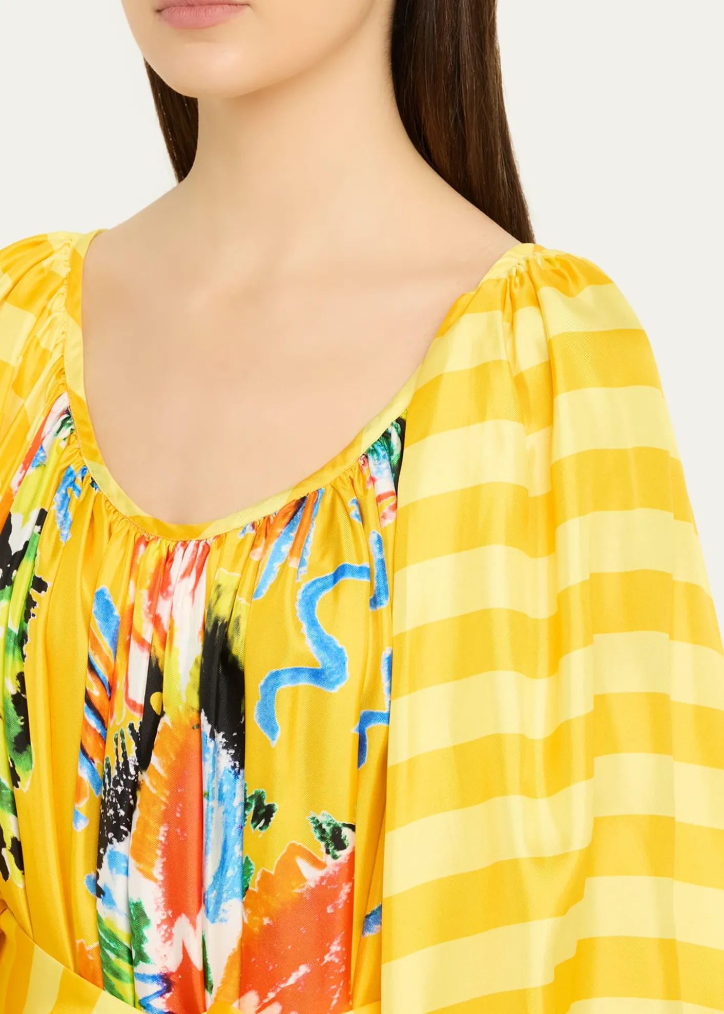 Rianna + NinaTropical Striped Silk Balloon Sleeve Midi Dress