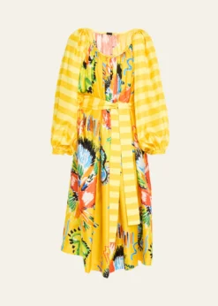Rianna + NinaTropical Striped Silk Balloon Sleeve Midi Dress