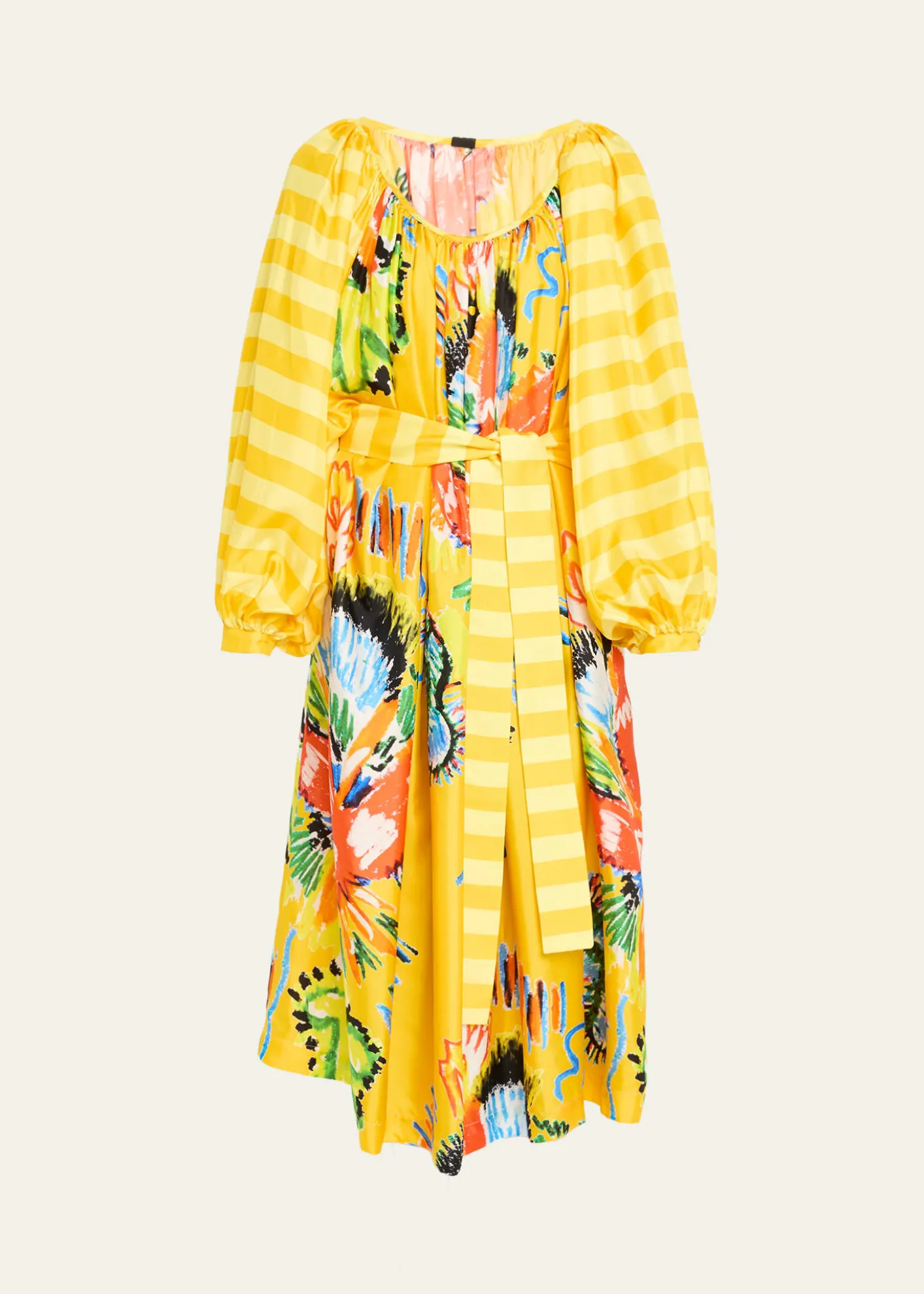 Rianna + NinaTropical Striped Silk Balloon Sleeve Midi Dress