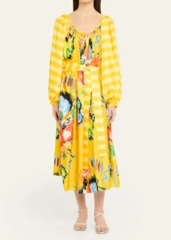 Rianna + NinaTropical Striped Silk Balloon Sleeve Midi Dress