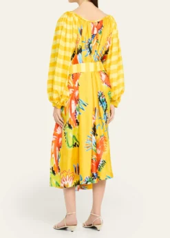 Rianna + NinaTropical Striped Silk Balloon Sleeve Midi Dress