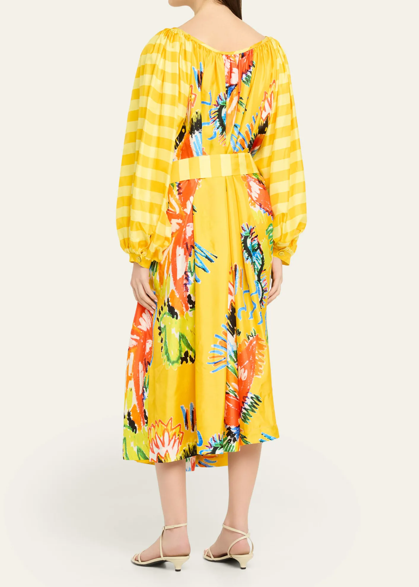 Rianna + NinaTropical Striped Silk Balloon Sleeve Midi Dress