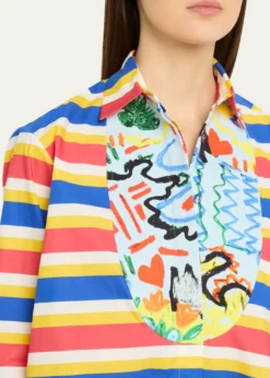 Rianna + NinaTropica Striped Cotton Bib-Front Collared Shirt