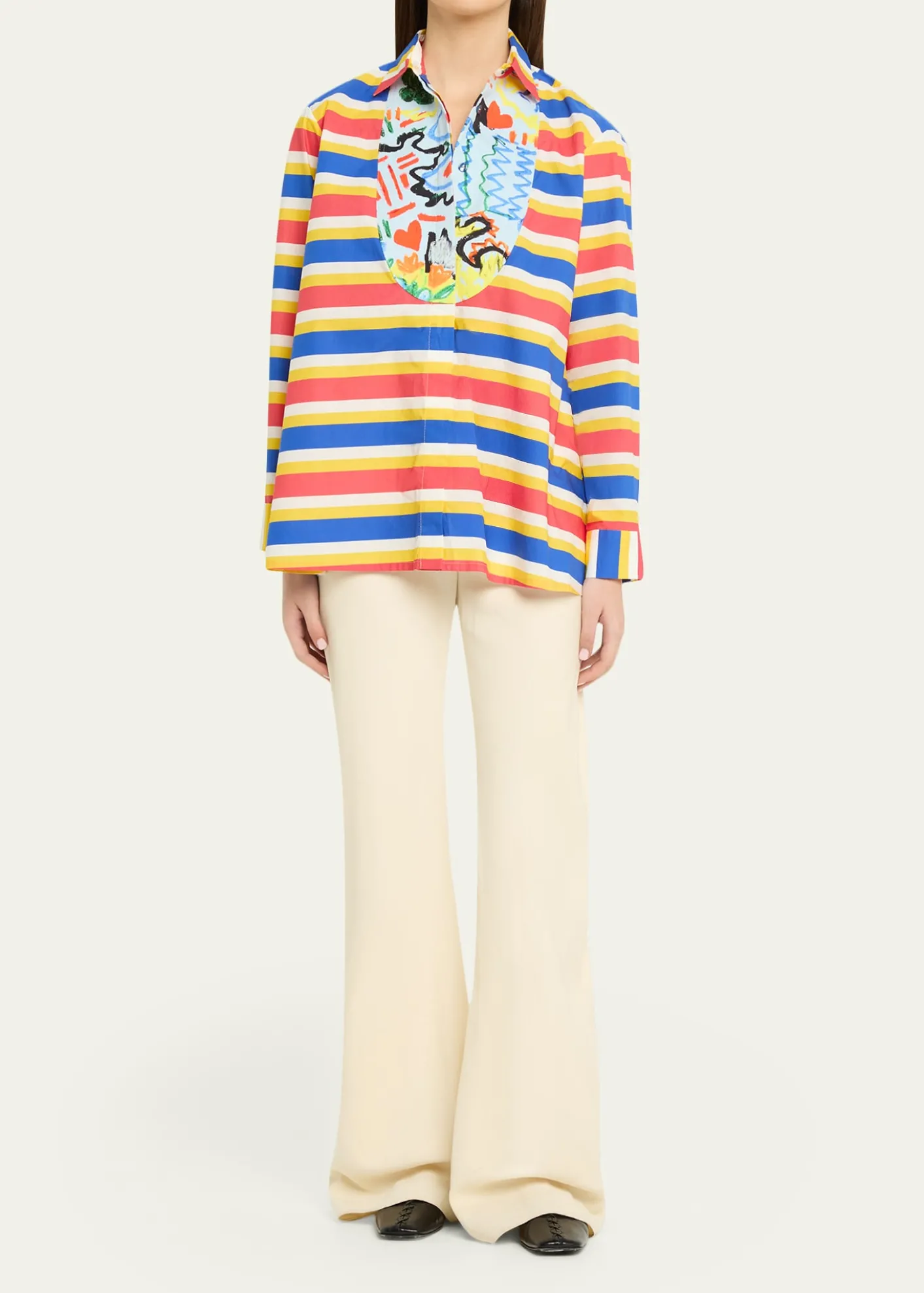 Rianna + NinaTropica Striped Cotton Bib-Front Collared Shirt